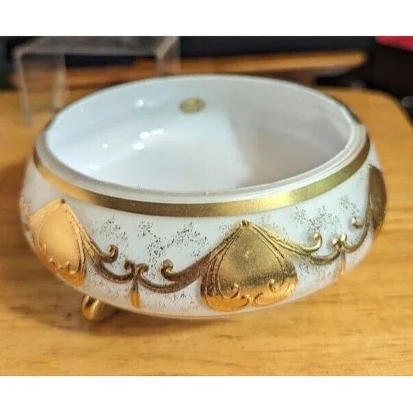 VTG Bohemian Czech Opaline Glass Bowl with Gold Motif Smoke Bowl/Candy Bowl READ - Picture 2 of 16